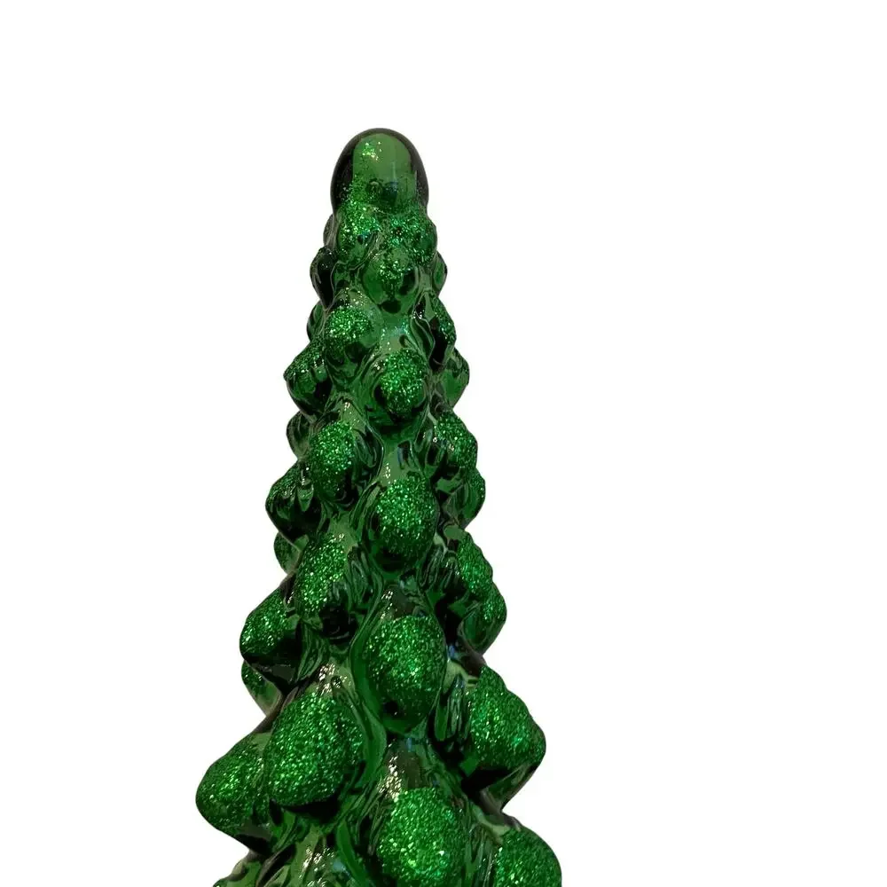 Illuminated Green Glitter Glass Christmas Tree 15.5in Chic Holiday Decor New